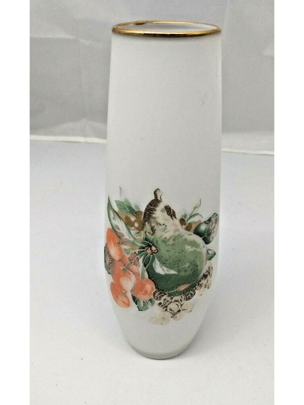 Opaque White Glass Vase with Fruit Graphics 8"
